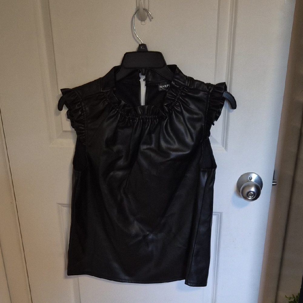 Harper Black Faux Leather Ruffle Sleeve Camisole